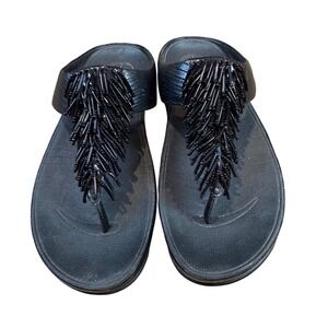 FitFlop Rumba Cha Cha Flip Flops Beaded Wedge Platform Sandals Black Size 8
